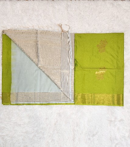 Parrot Green Soft Silk Saree with Copper Zari & Light Blue Pallu Design