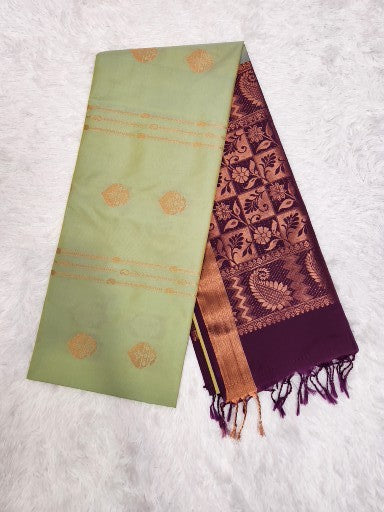 Pistachio Green Soft Silk Saree with Copper Zari & Purple Pallu Design