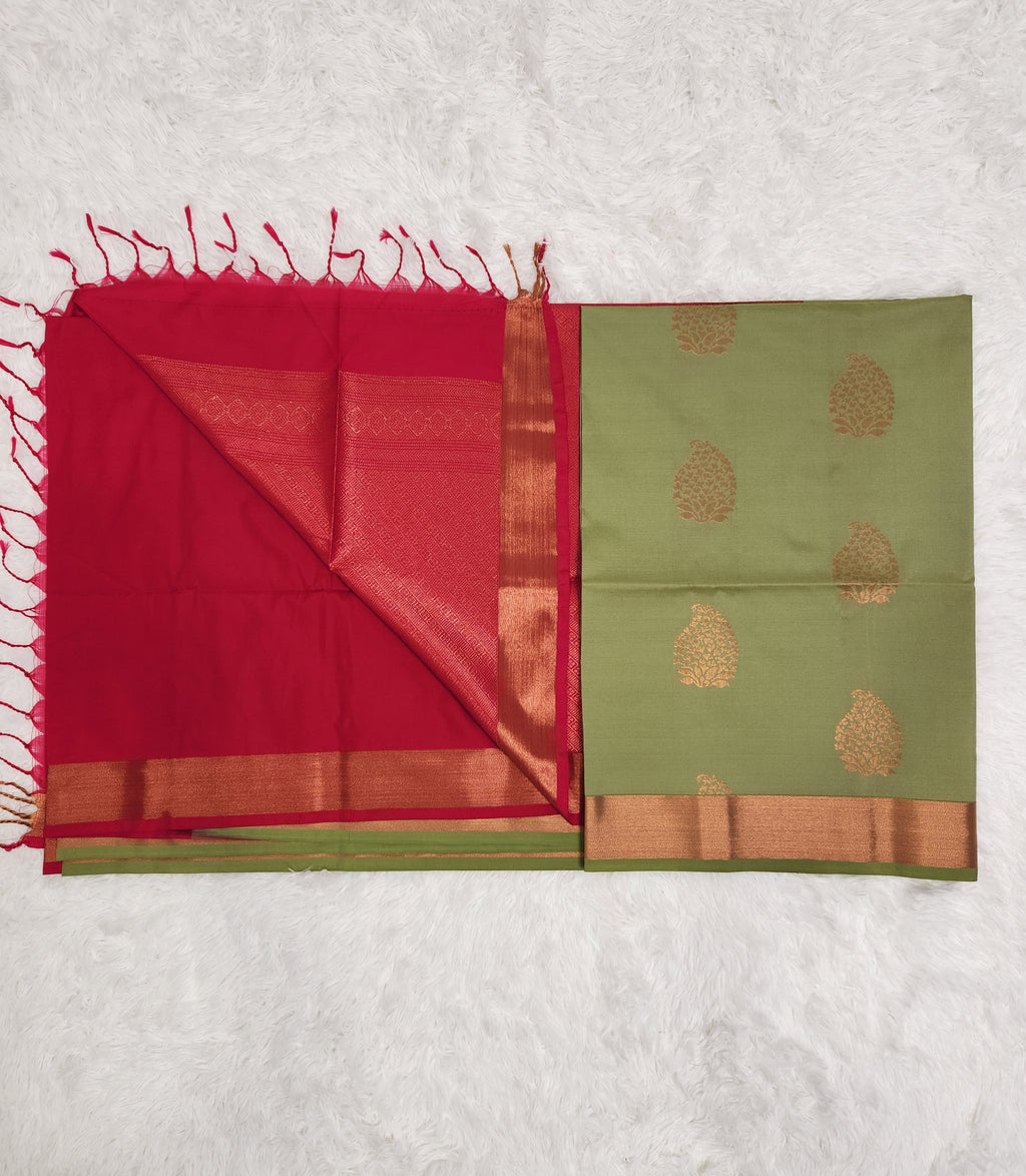 Green Soft Silk Saree with Copper Zari & Red Pallu Design
