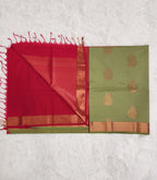 Green Soft Silk Saree with Copper Zari & Red Pallu Design