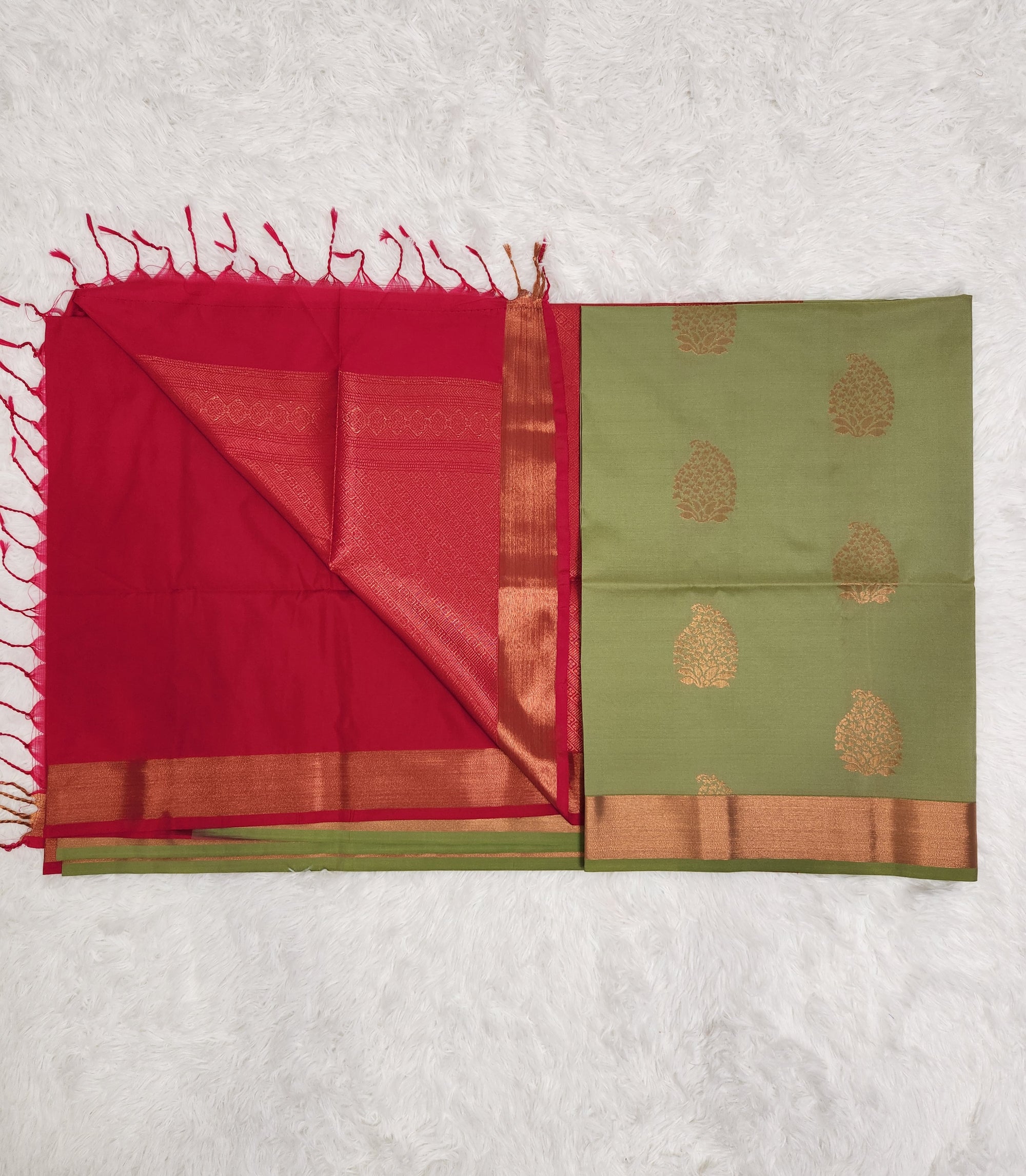 Green Soft Silk Saree with Copper Zari & Red Pallu Design