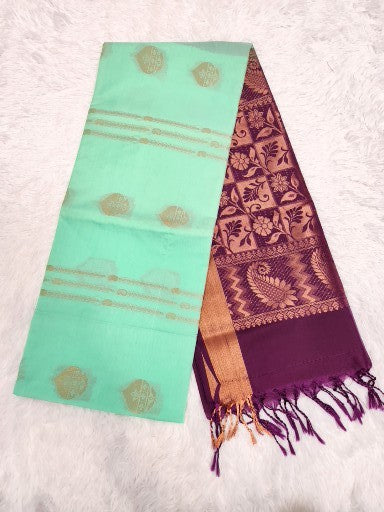 Mint Green  Soft Silk Saree with Copper Zari & Purple Pallu Design
