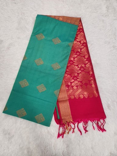 Green Soft Silk Saree with Copper Zari & Red Pallu Design