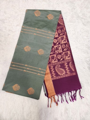 Grey Soft Silk Saree with Copper Zari & Purple Pallu Design