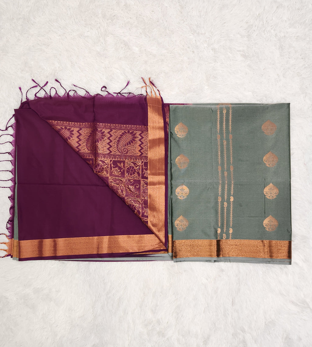 Grey Soft Silk Saree with Copper Zari & Purple Pallu Design