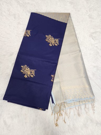 Dark Blue Soft Silk Saree with Copper Zari & Light Blue Pallu Design