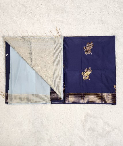 Dark Blue Soft Silk Saree with Copper Zari & Light Blue Pallu Design