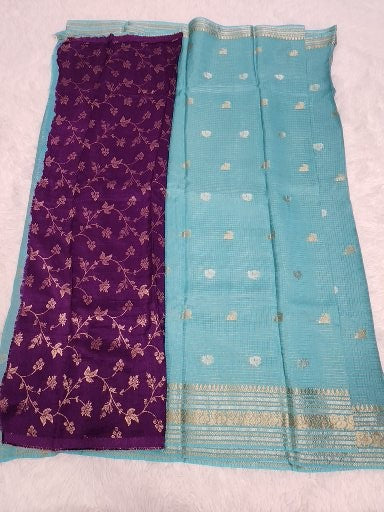 Blue Fancy Saree With Copper Zari & Dark Purple Pallu Design