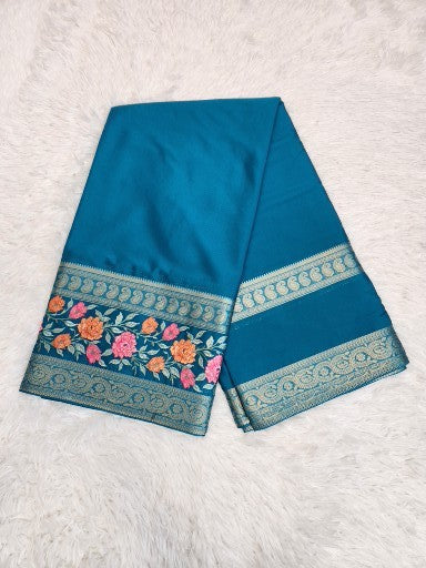 Turquoise Fancy Saree With Copper Zari & Turquoise Pallu Design