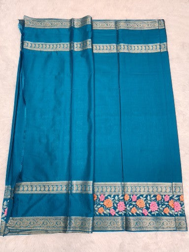 Turquoise Fancy Saree With Copper Zari & Turquoise Pallu Design