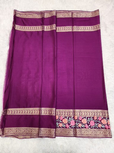 Dark Purple  Fancy Saree With Copper Zari & Dark Purple Pallu Design