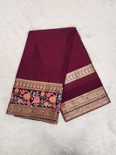 Wine Fancy Saree With Copper Zari & Wine Pallu Design
