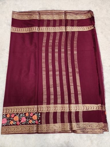 Wine Fancy Saree With Copper Zari & Wine Pallu Design