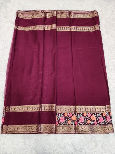 Wine Fancy Saree With Copper Zari & Wine Pallu Design
