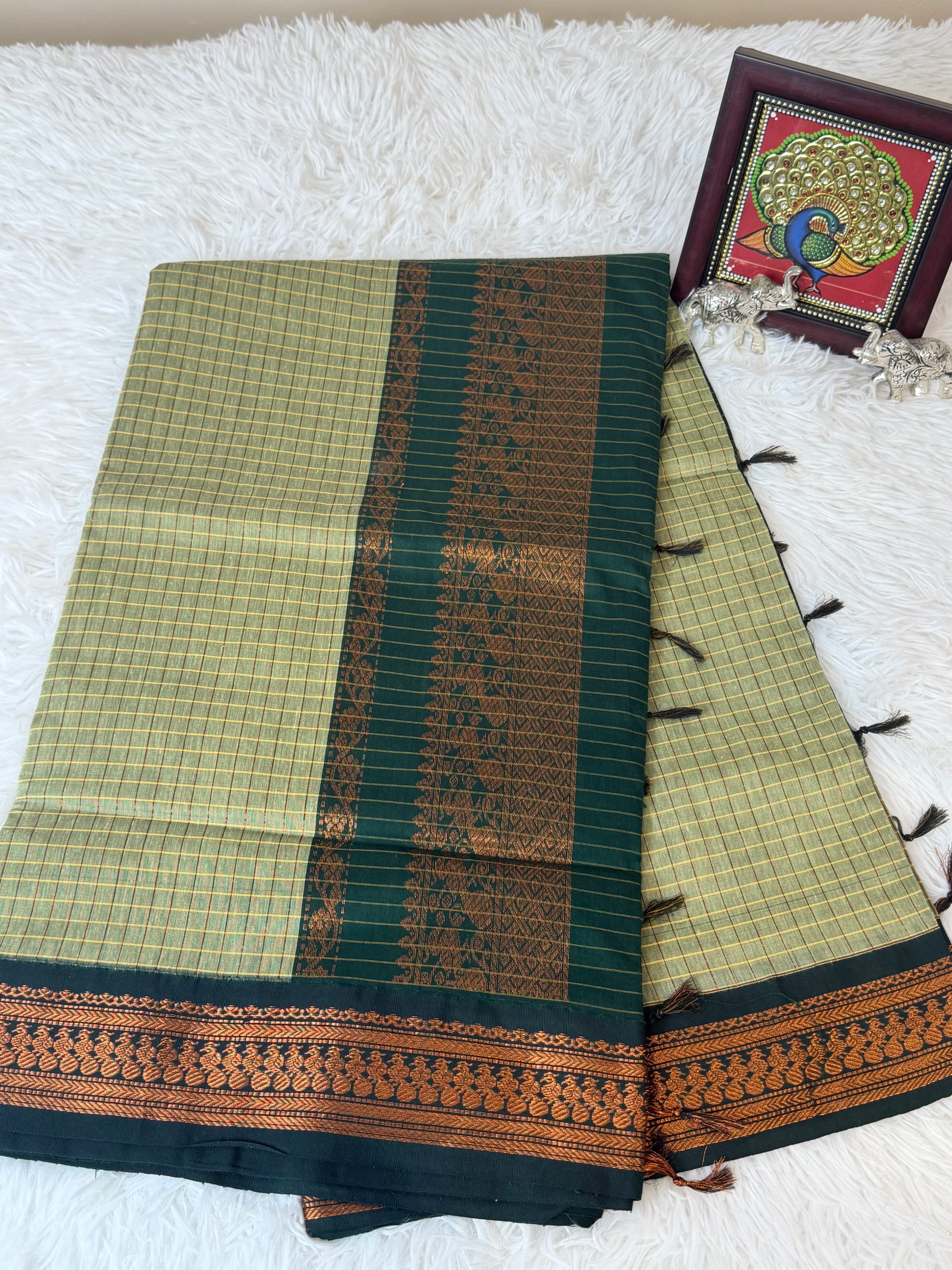 Sage Green Kalyani Cotton Saree with Dark Green Pallu & Copper Zari