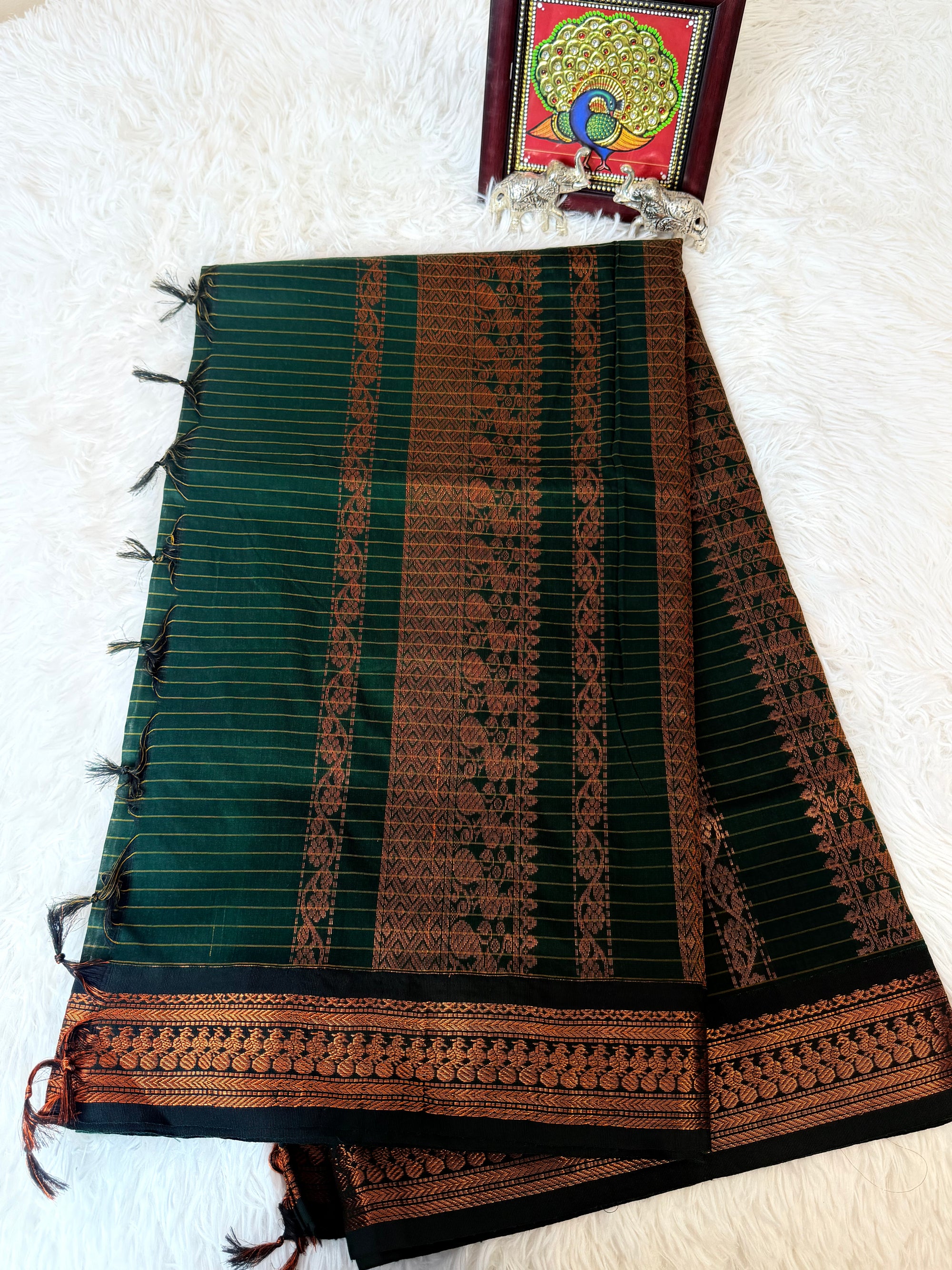 Sage Green Kalyani Cotton Saree with Dark Green Pallu & Copper Zari