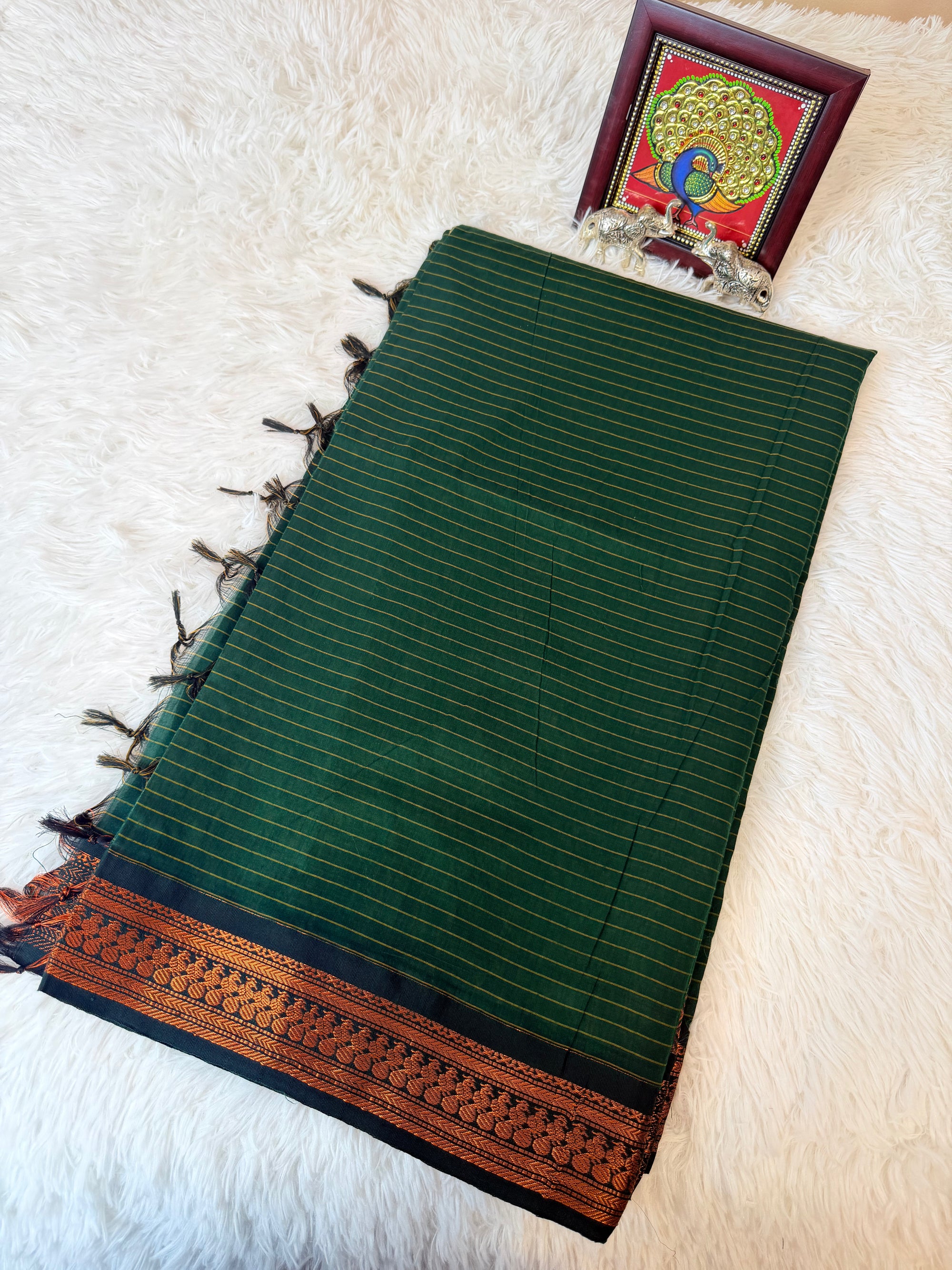 Sage Green Kalyani Cotton Saree with Dark Green Pallu & Copper Zari