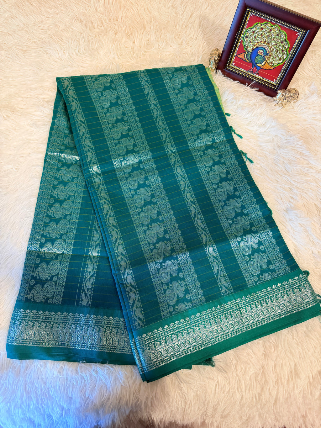 Pistachio Green Kalyani Cotton Saree with Turquoise Pallu & Silver Zari
