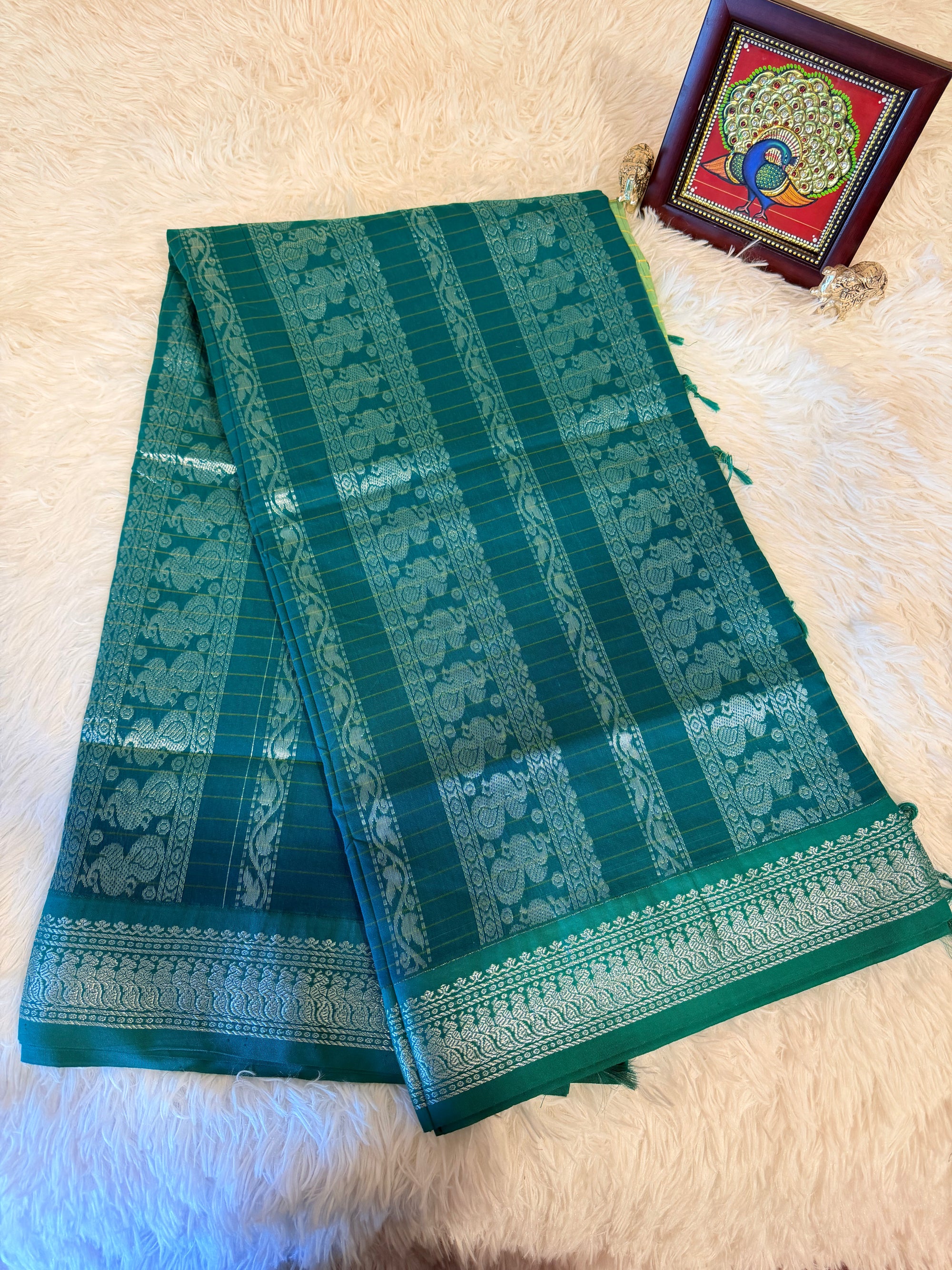 Pistachio Green Kalyani Cotton Saree with Turquoise Pallu & Silver Zari