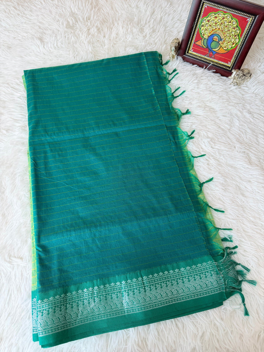 Pistachio Green Kalyani Cotton Saree with Turquoise Pallu & Silver Zari