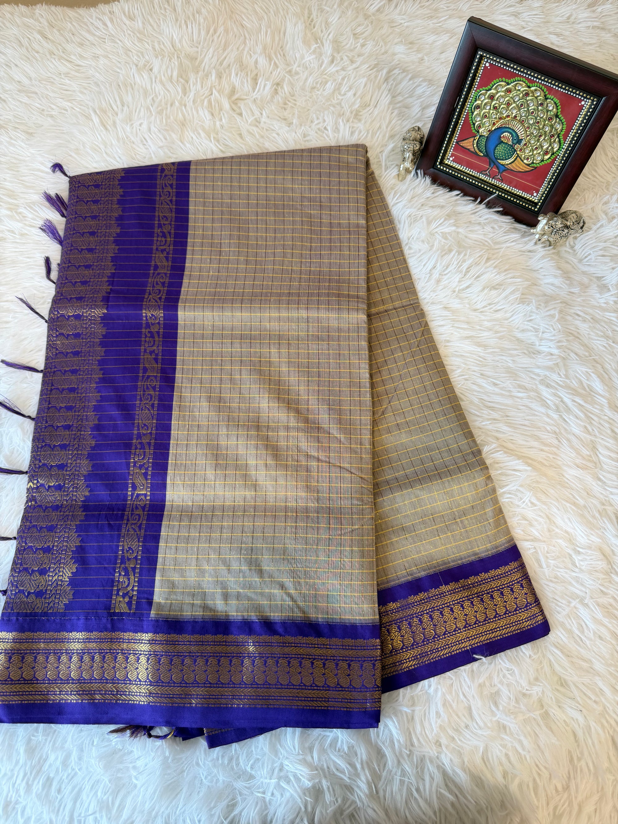 Grey Kalyani Cotton Saree with Dark Purple Pallu & Gold Zari