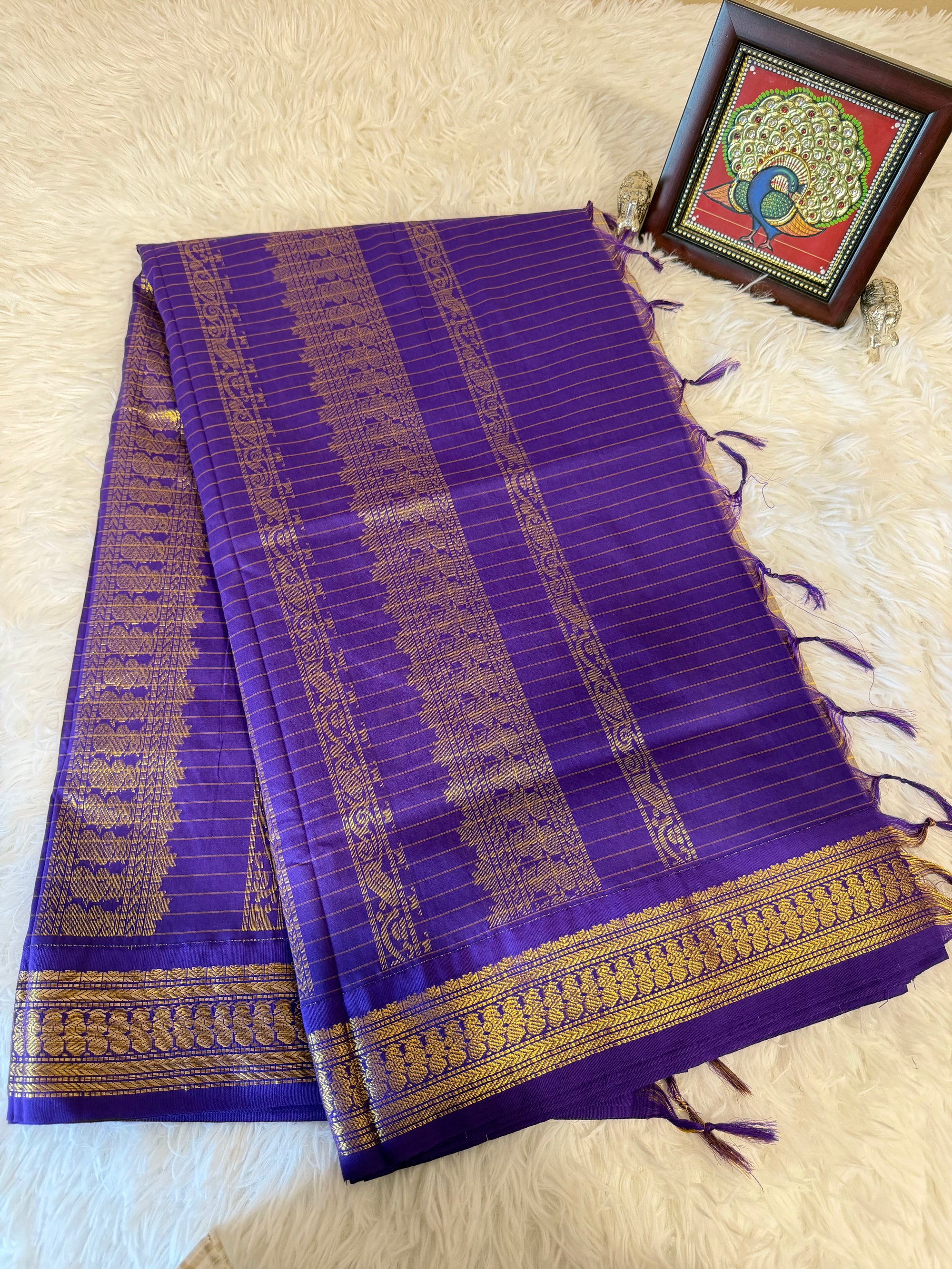 Grey Kalyani Cotton Saree with Dark Purple Pallu & Gold Zari