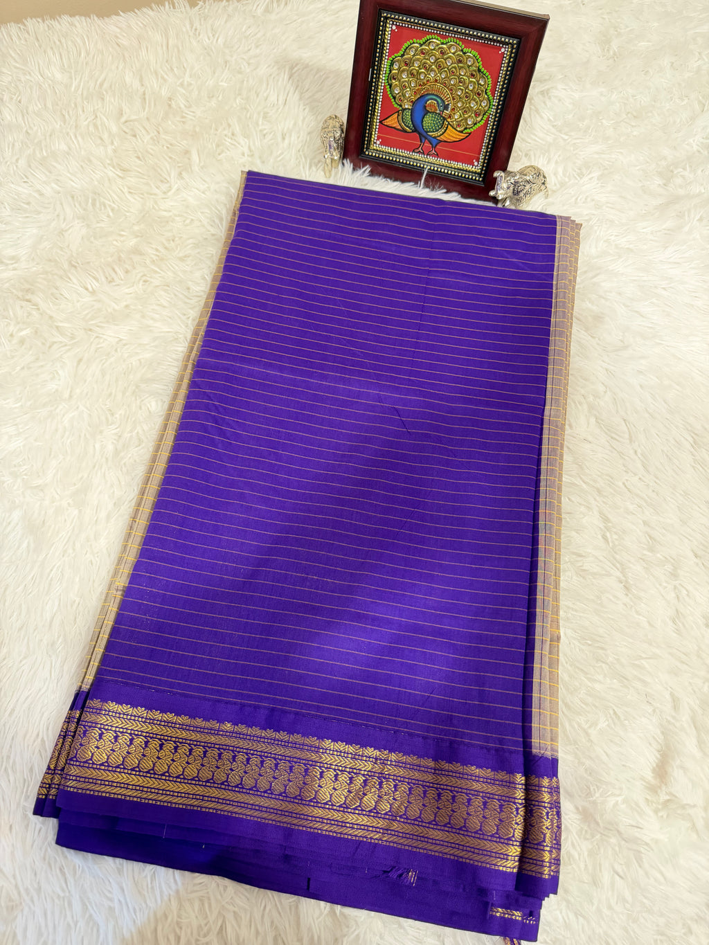 Grey Kalyani Cotton Saree with Dark Purple Pallu & Gold Zari