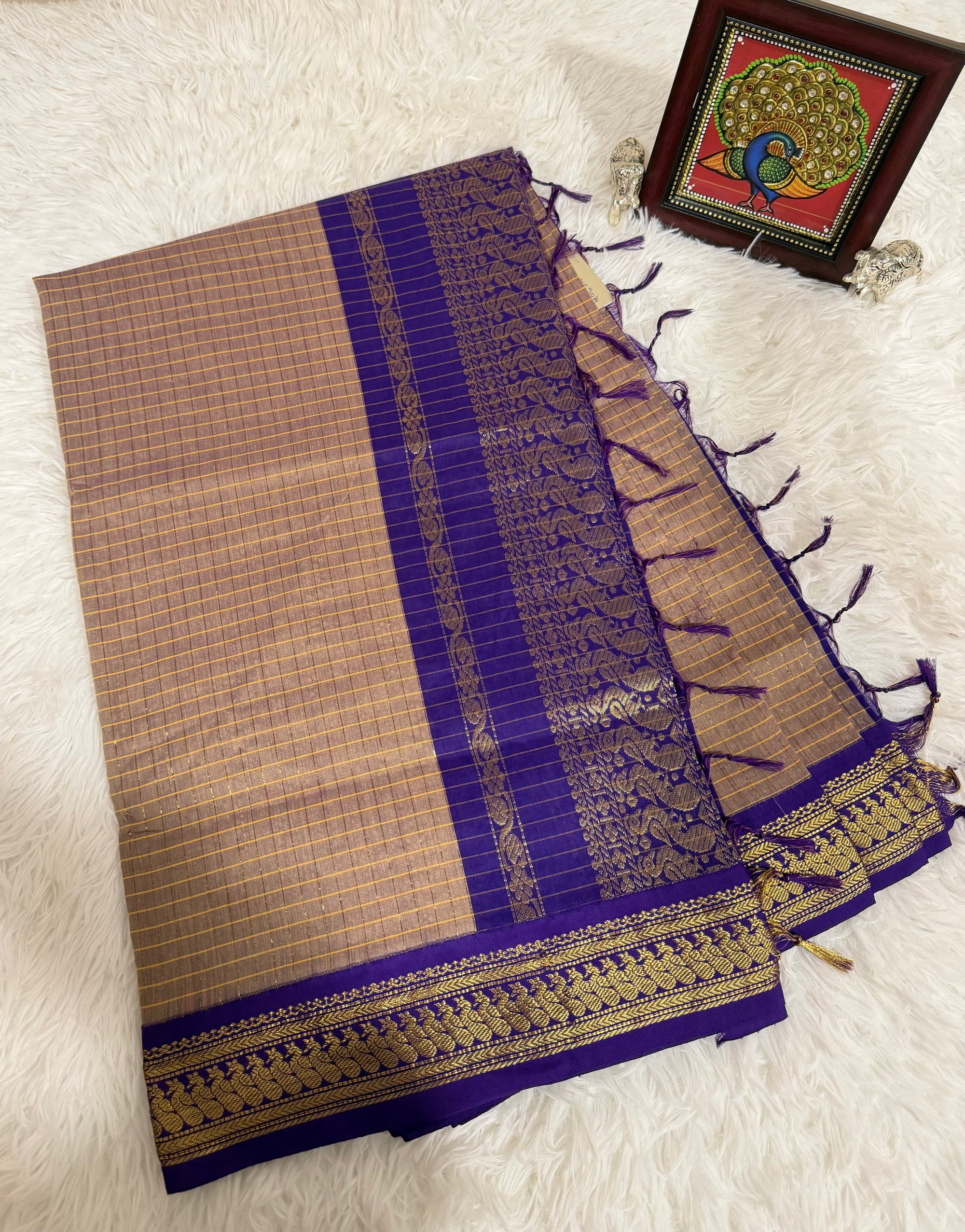 Dove Grey Kalyani Cotton Saree with Dark Purple Pallu & Gold Zari