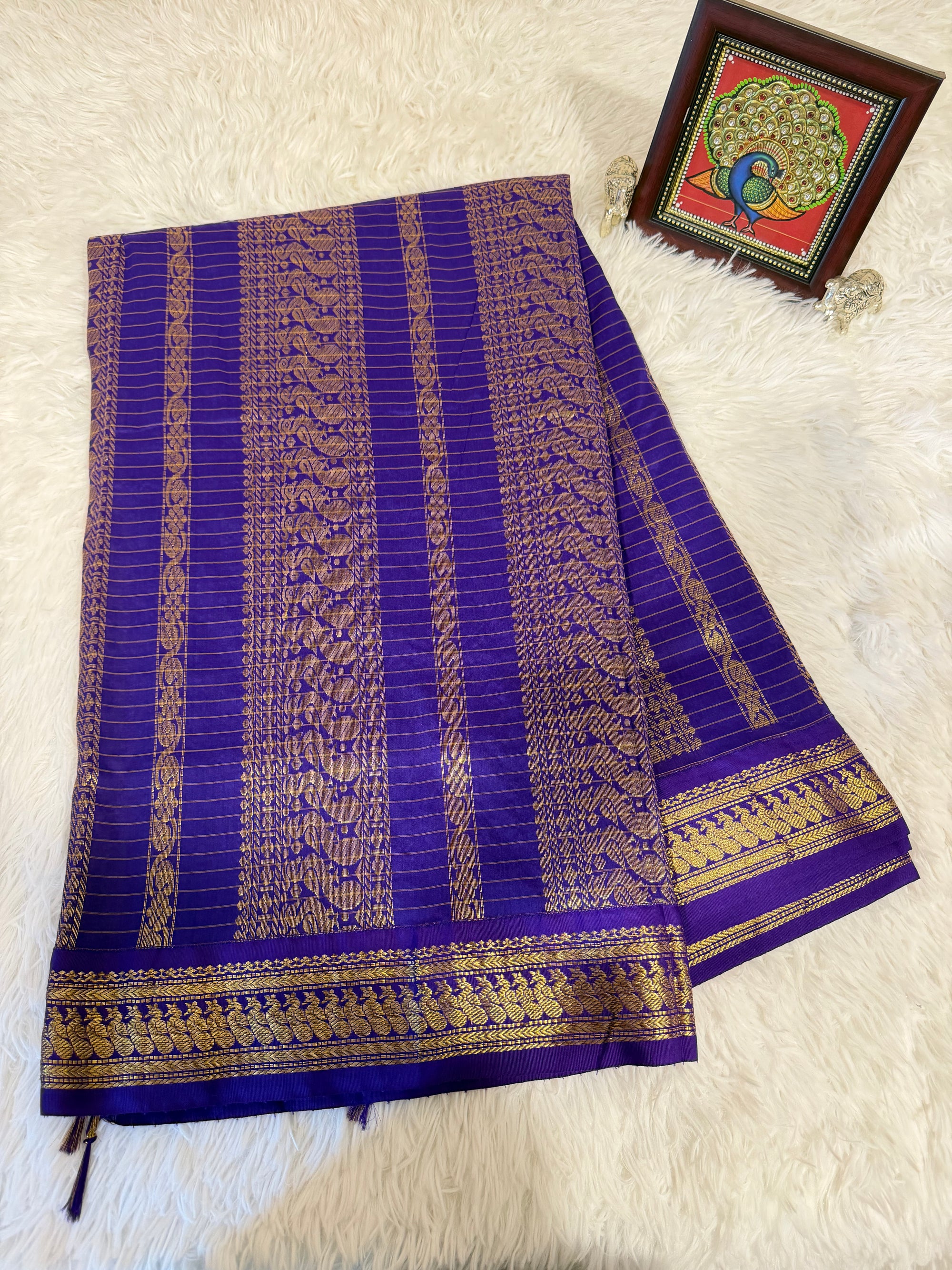 Dove Grey Kalyani Cotton Saree with Dark Purple Pallu & Gold Zari