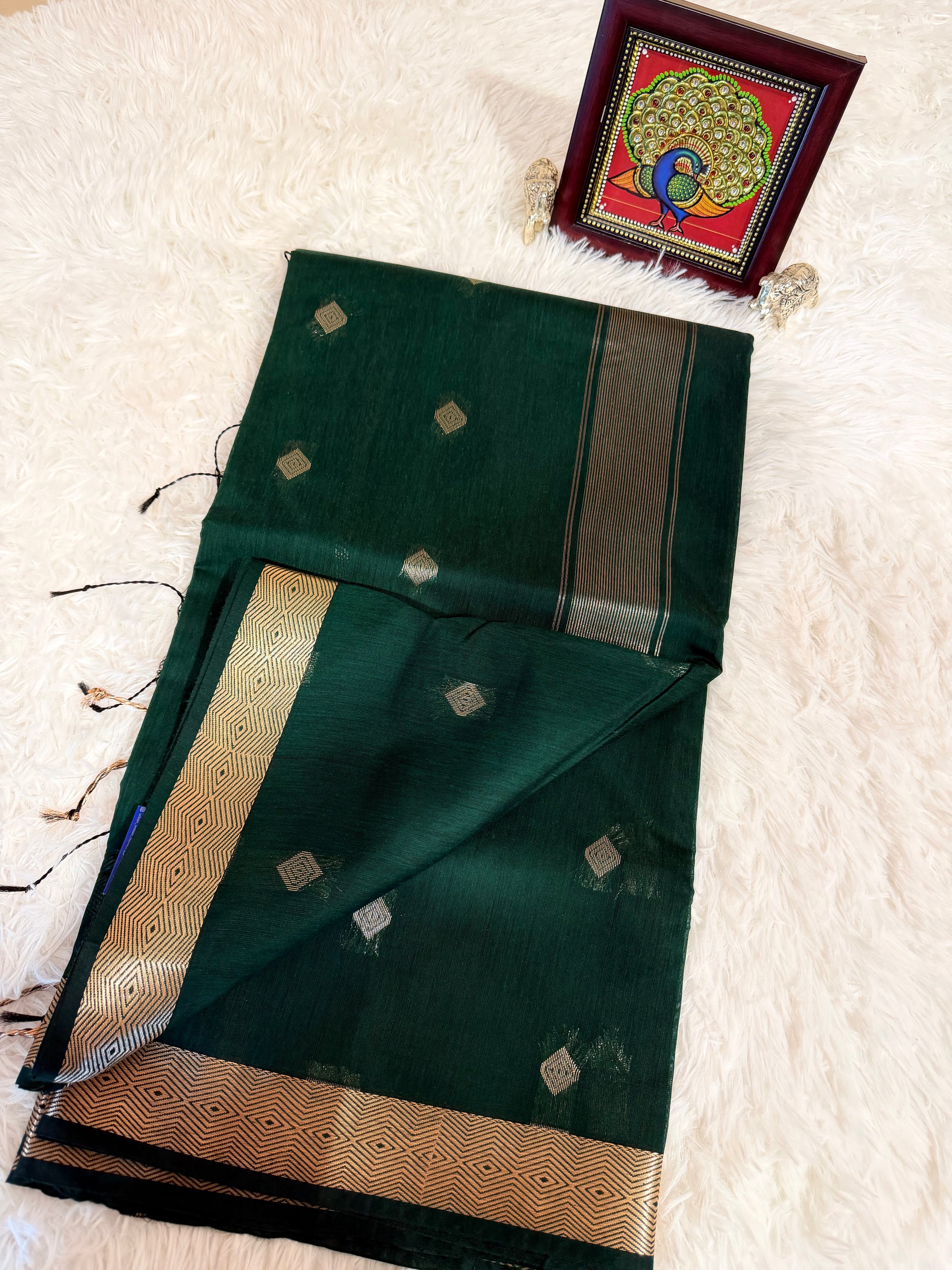 Bottle Green Nayanthara Cotton Saree with Copper Zari
