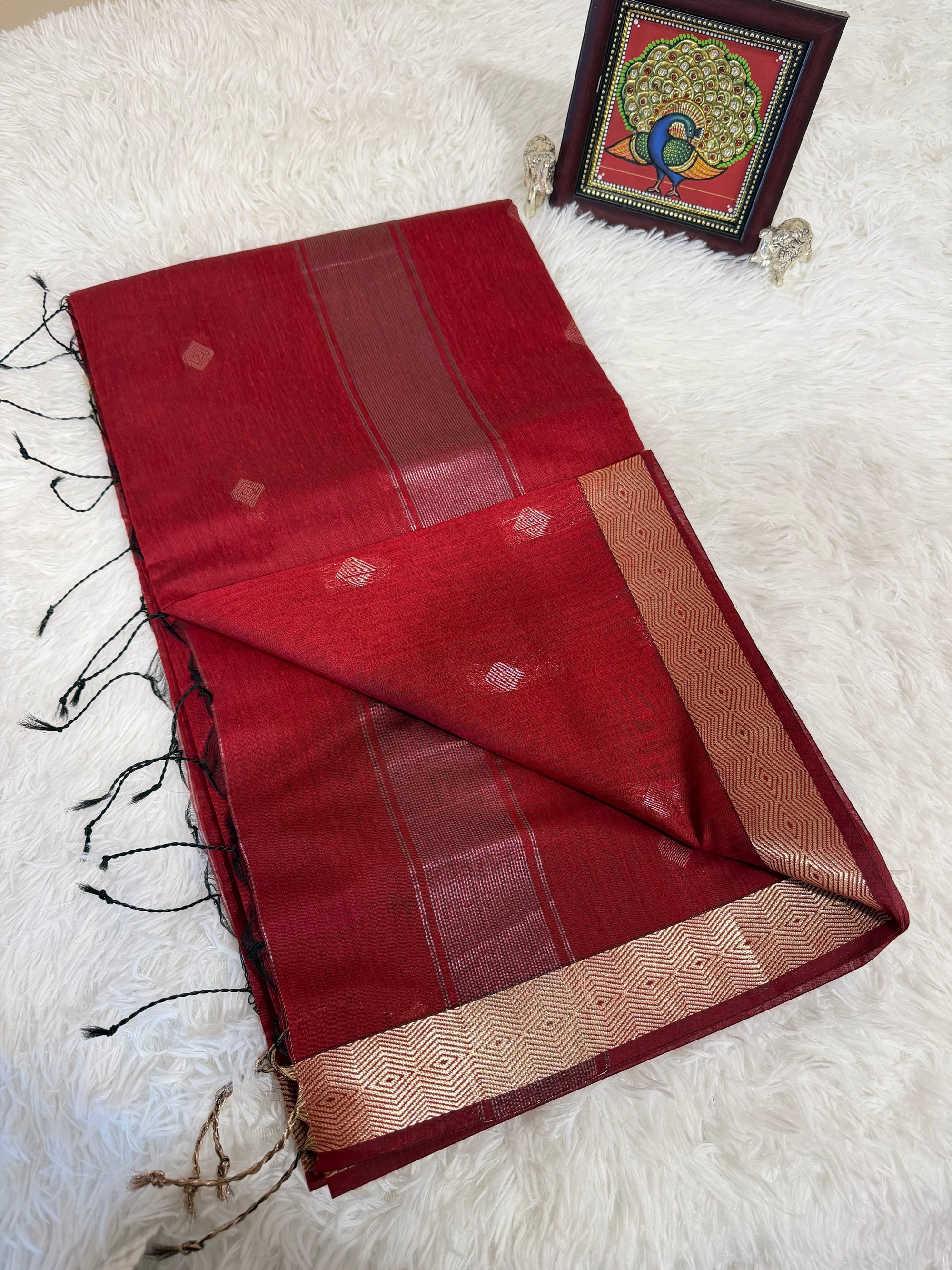 Classic Red Nayanthara Cotton Saree with Copper Zari