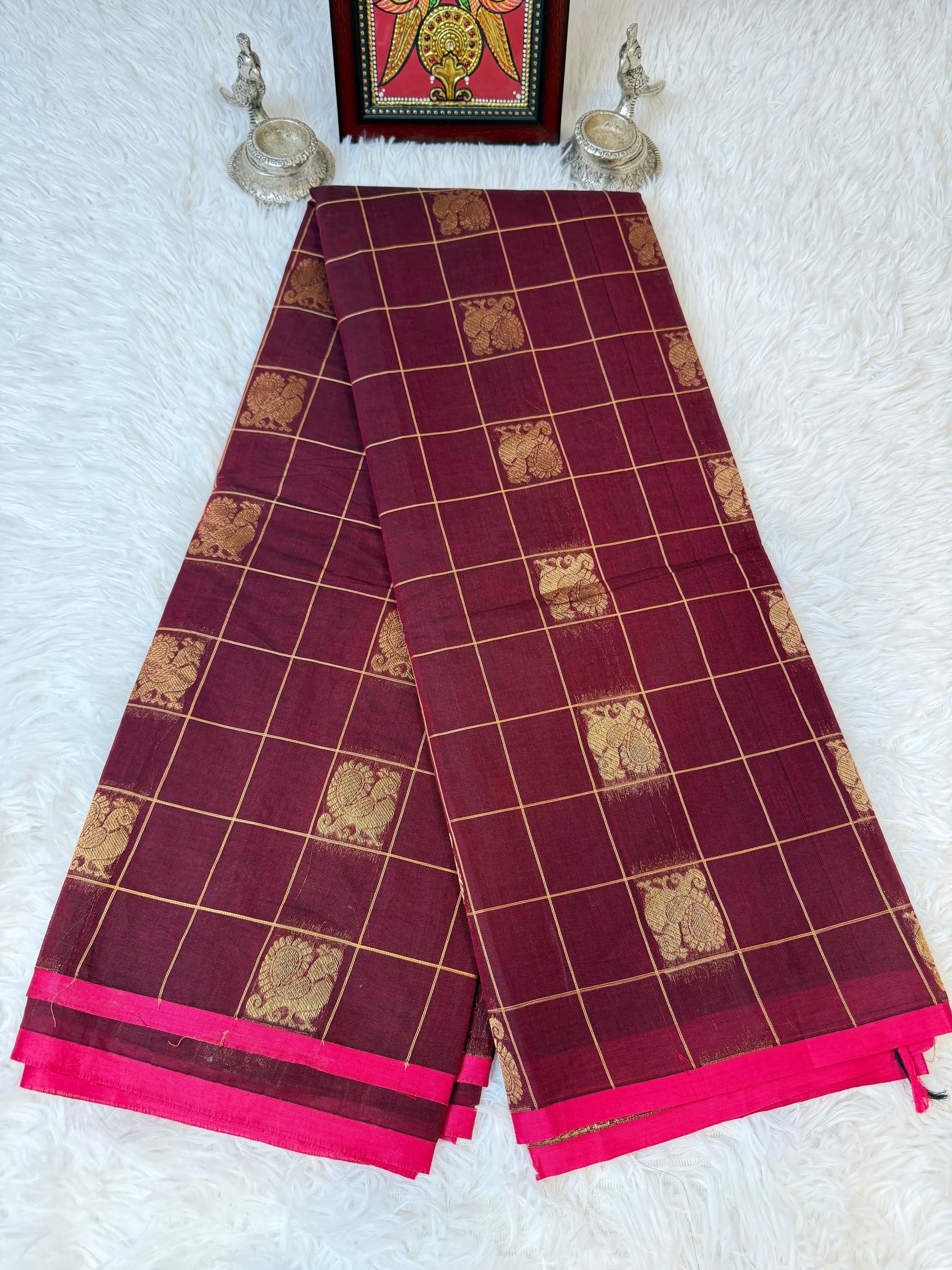 100 Counts Rich Pallu Kanchi Cotton Saree in Burgundy