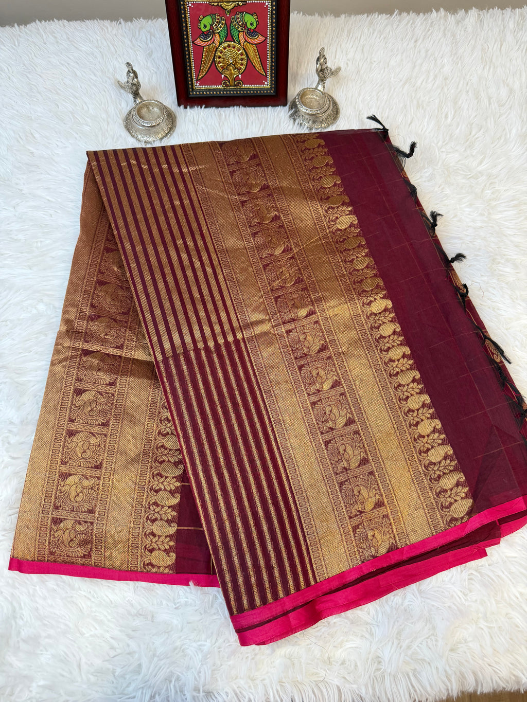 100 Counts Rich Pallu Kanchi Cotton Saree in Burgundy