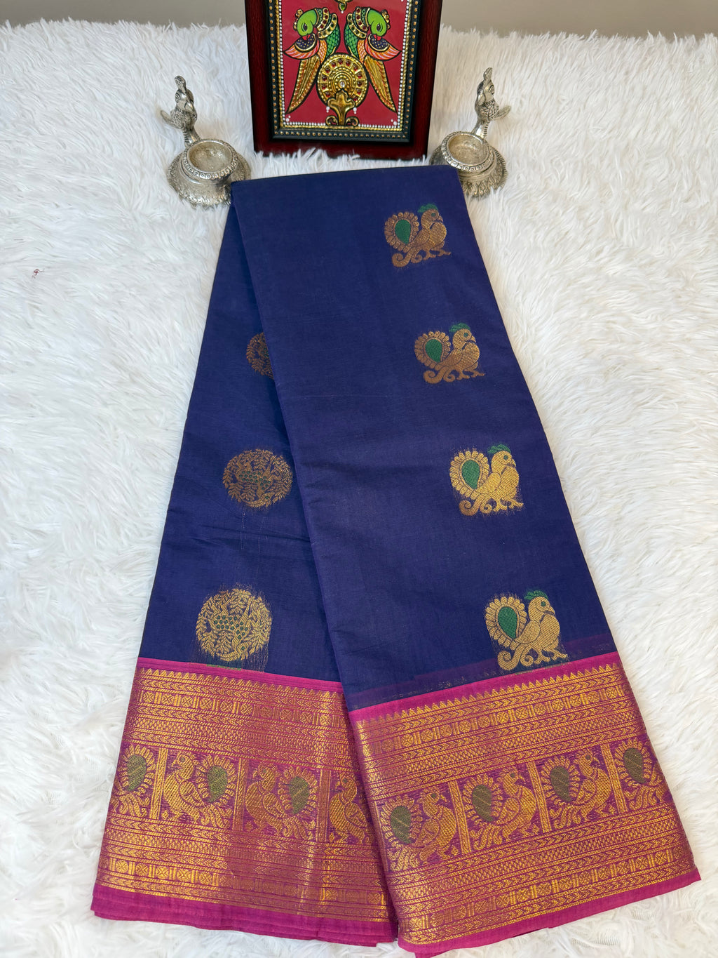 100 Counts Rich Pallu Kanchi Cotton Saree in Navy Blue