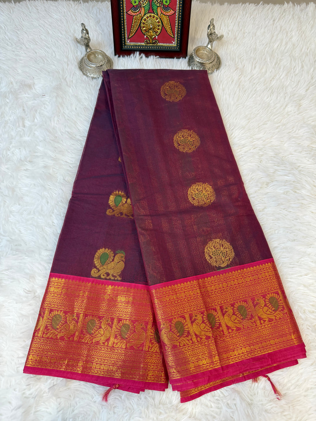 100 Counts Rich Pallu Kanchi Cotton Saree in Plum Purple