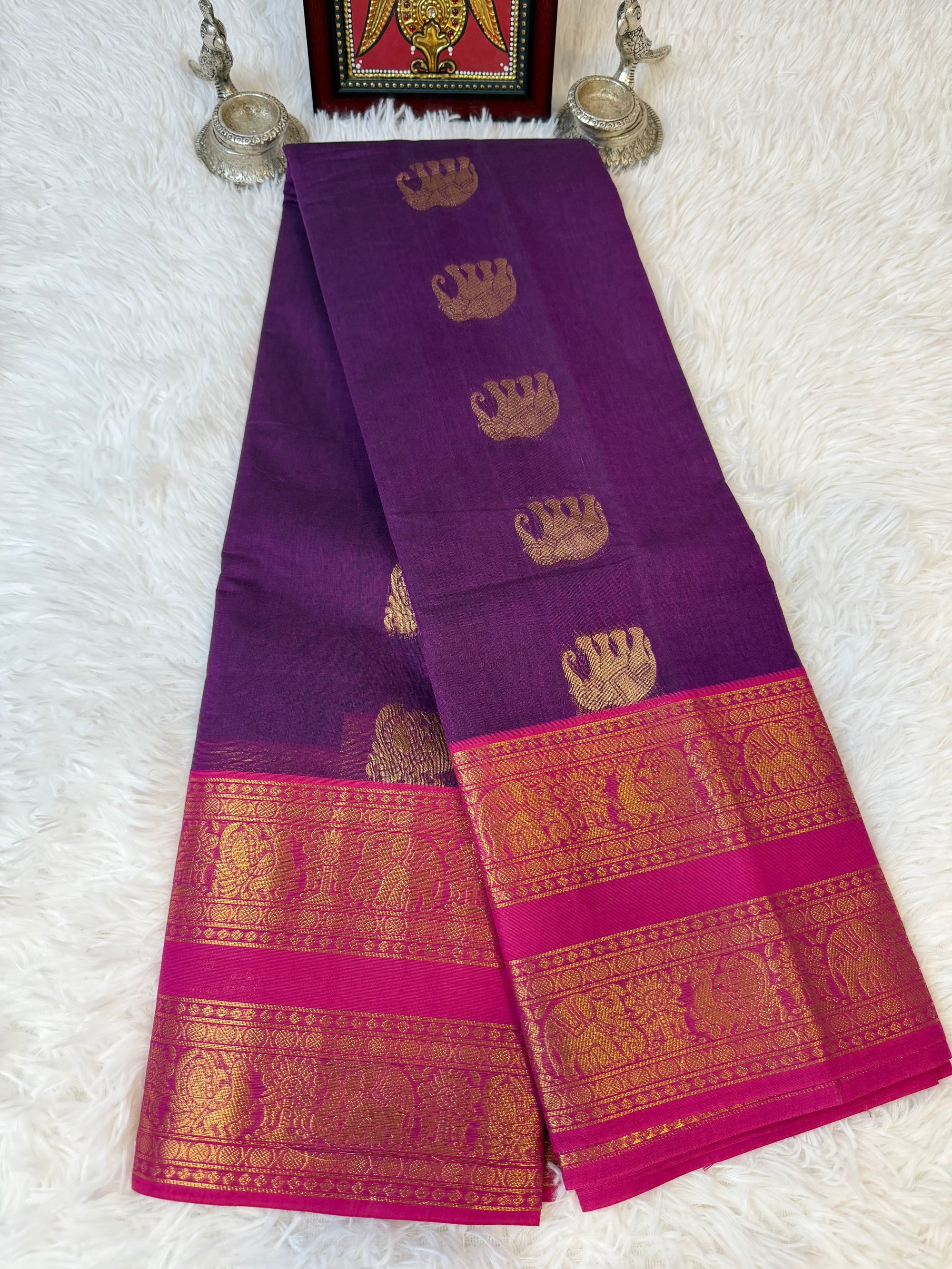 100 Counts Rich Pallu Kanchi Cotton Saree in Dark Purple