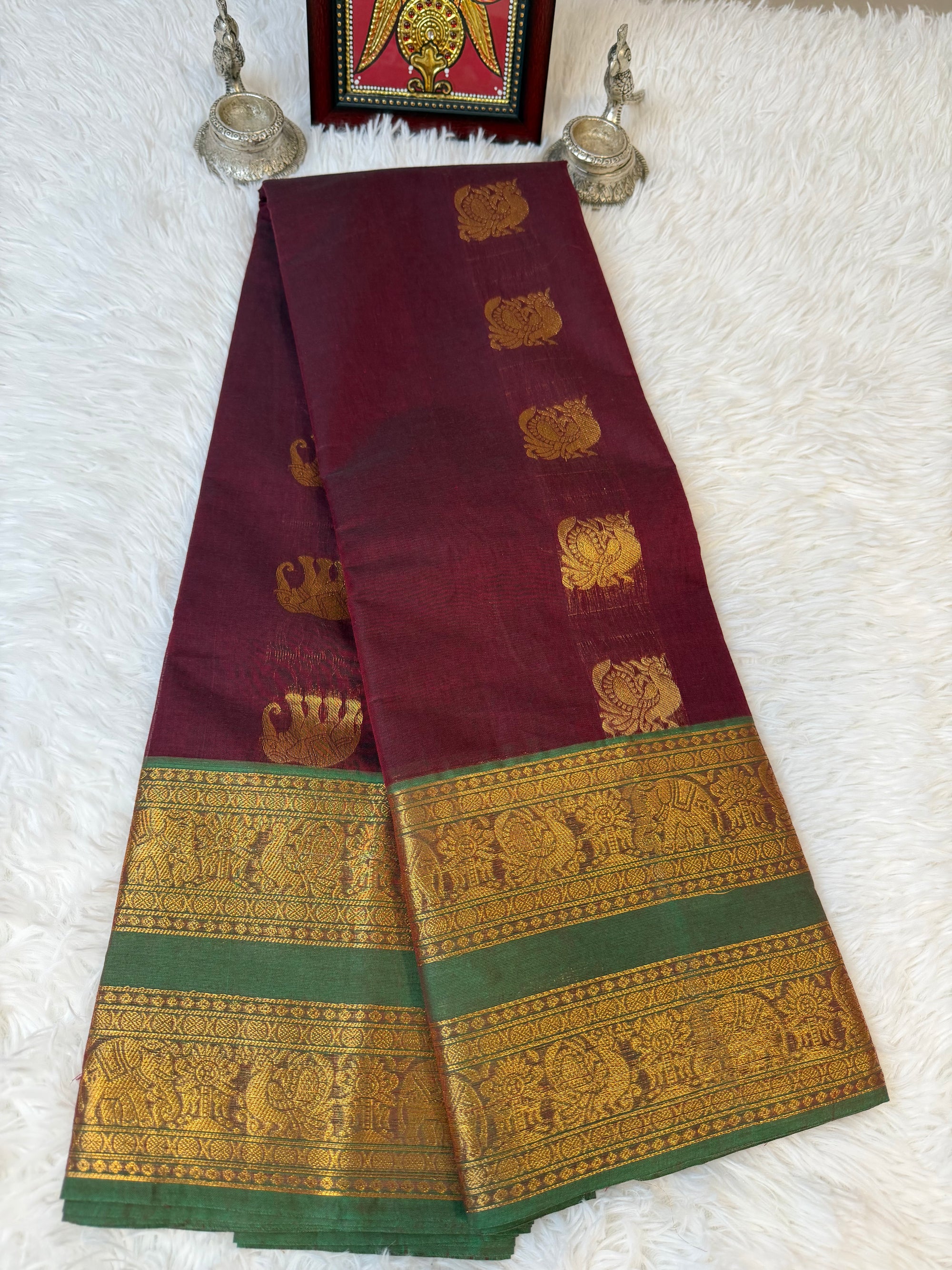 100 Counts Rich Pallu Kanchi Cotton Saree in Wine Maroon