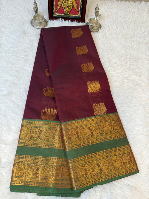 100 Counts Rich Pallu Kanchi Cotton Saree in Wine Maroon