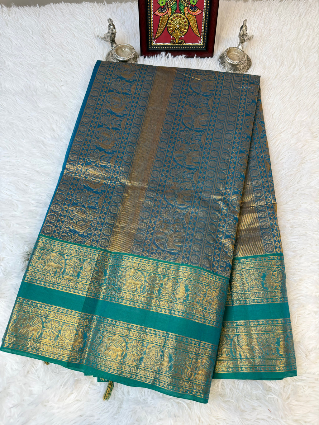 100 Counts Rich Pallu Kanchi Cotton Saree in Ocean Blue