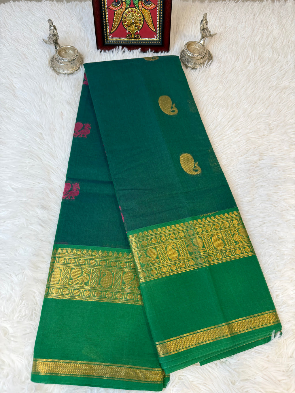 100 Counts Rich Pallu Kanchi Cotton Saree in Forest Green