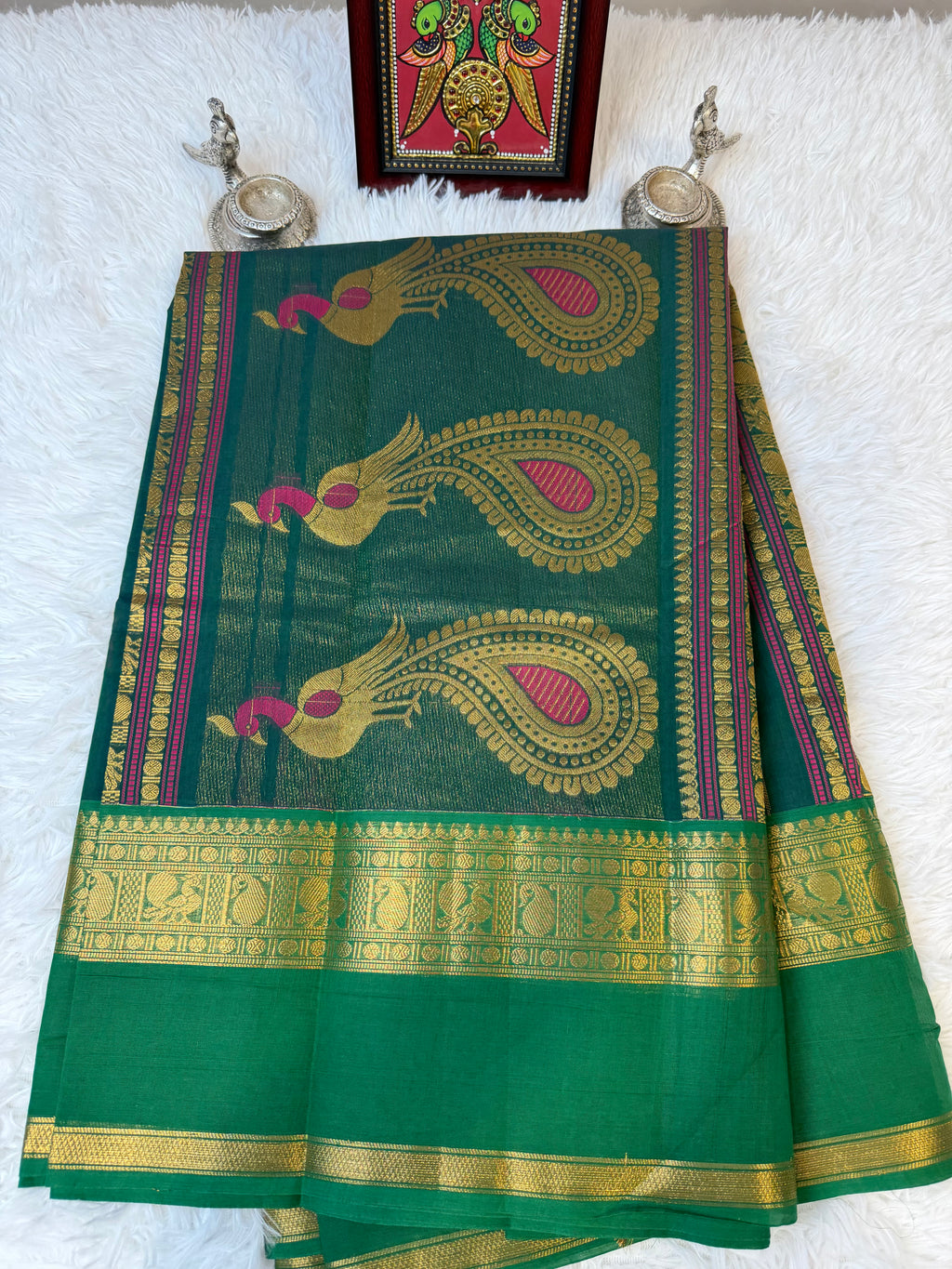 100 Counts Rich Pallu Kanchi Cotton Saree in Forest Green