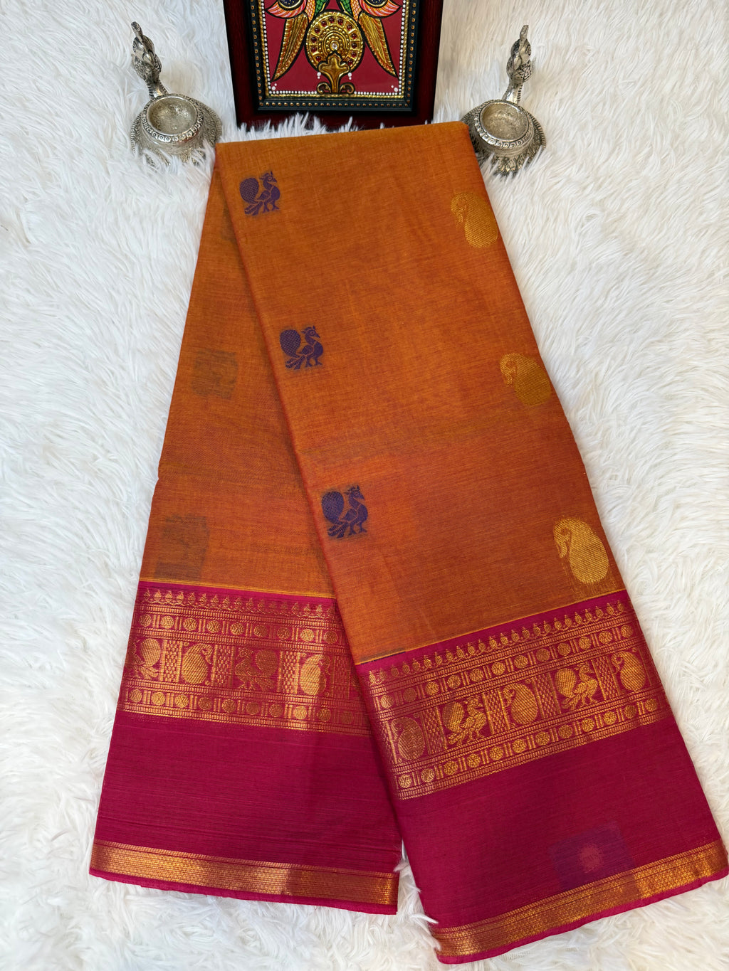 100 Counts Rich Pallu Kanchi Cotton Saree in Rust Orange
