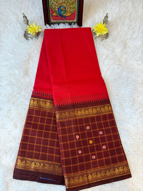 100 Counts Chili Red Kanchi Cotton Saree w Small Taalampoo Checks Border