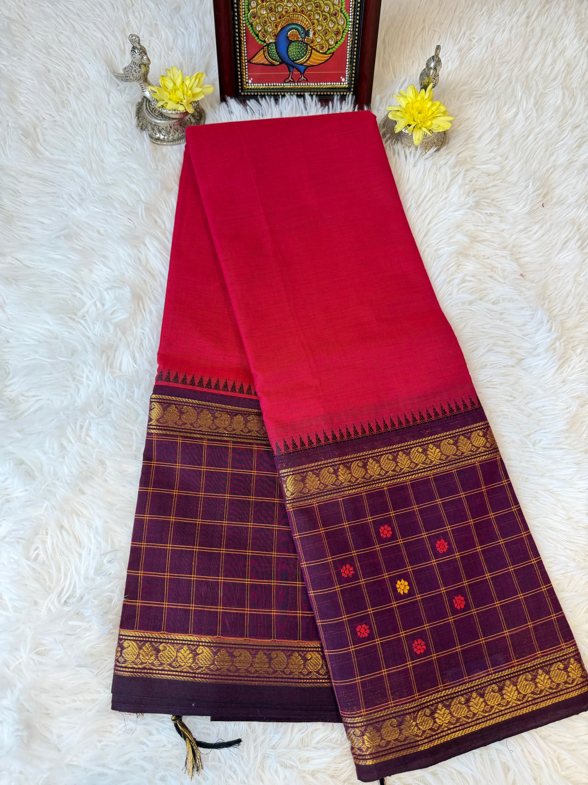 100 Counts Burgundy Kanchi Cotton Saree w Small Taalampoo Checks Border