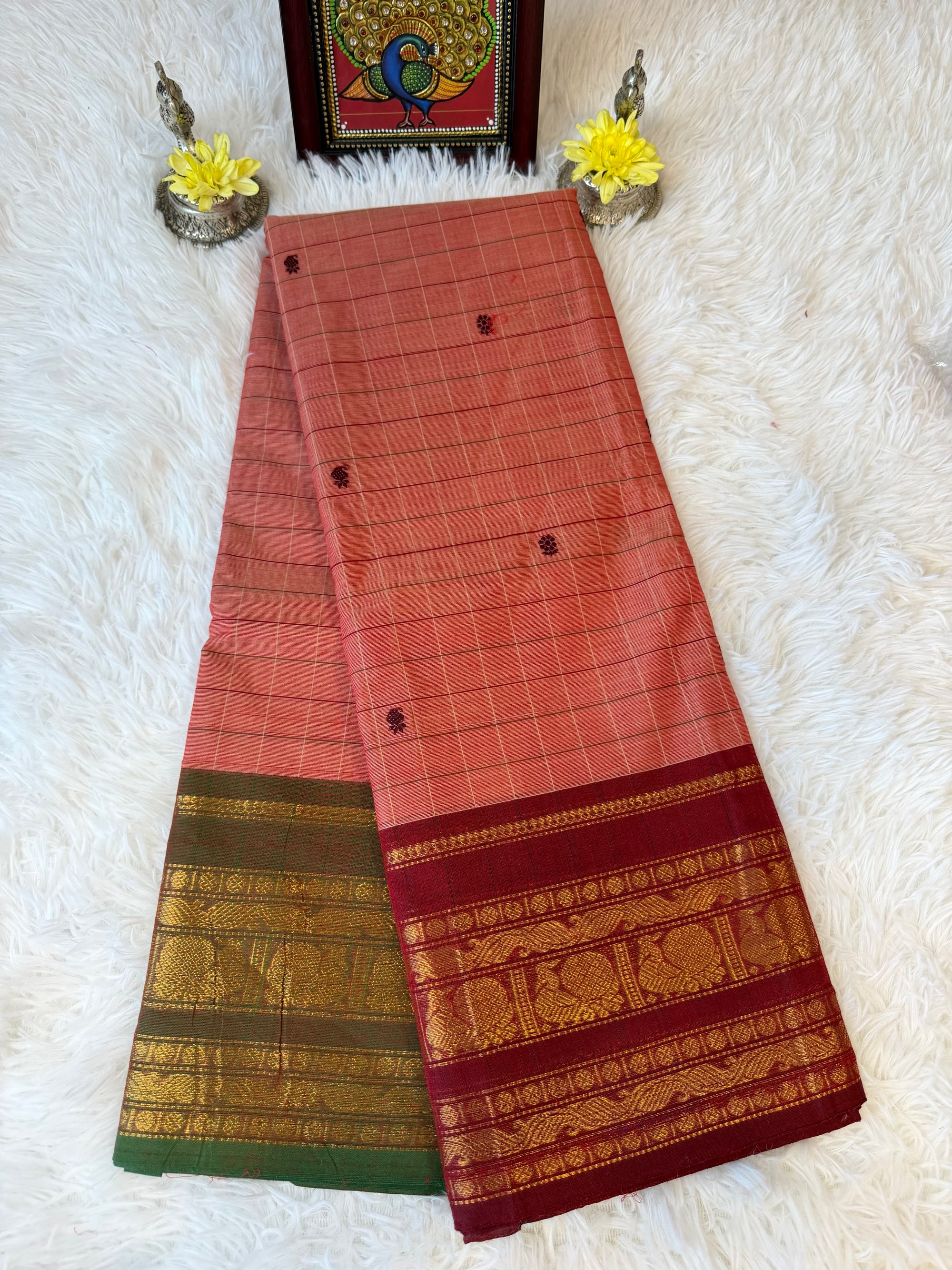 100 Counts Light Red Kanchi Cotton Saree w Full Body Checks