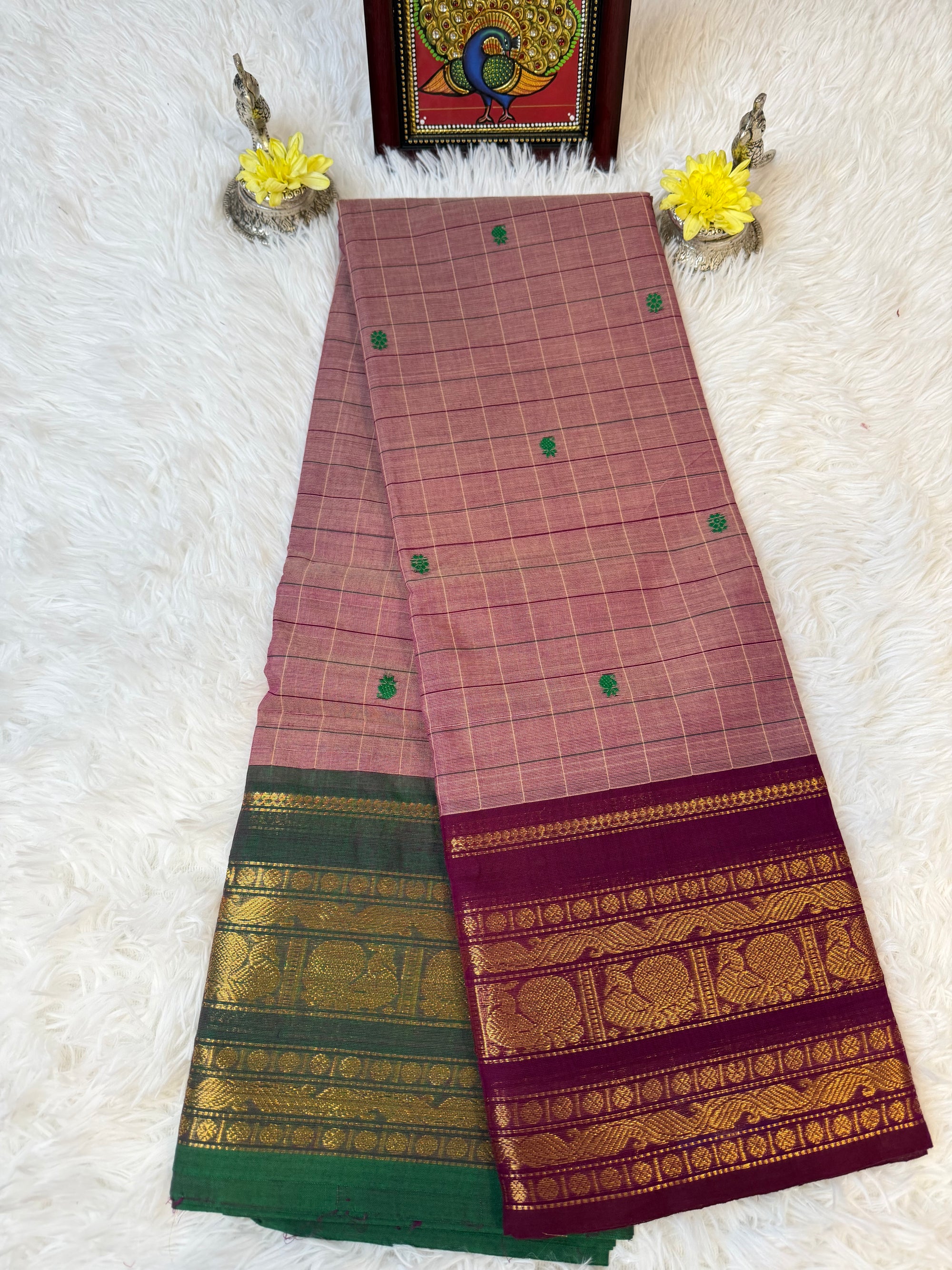 100 Counts Sheer Lilac Kanchi Cotton Saree w Full Body Checks