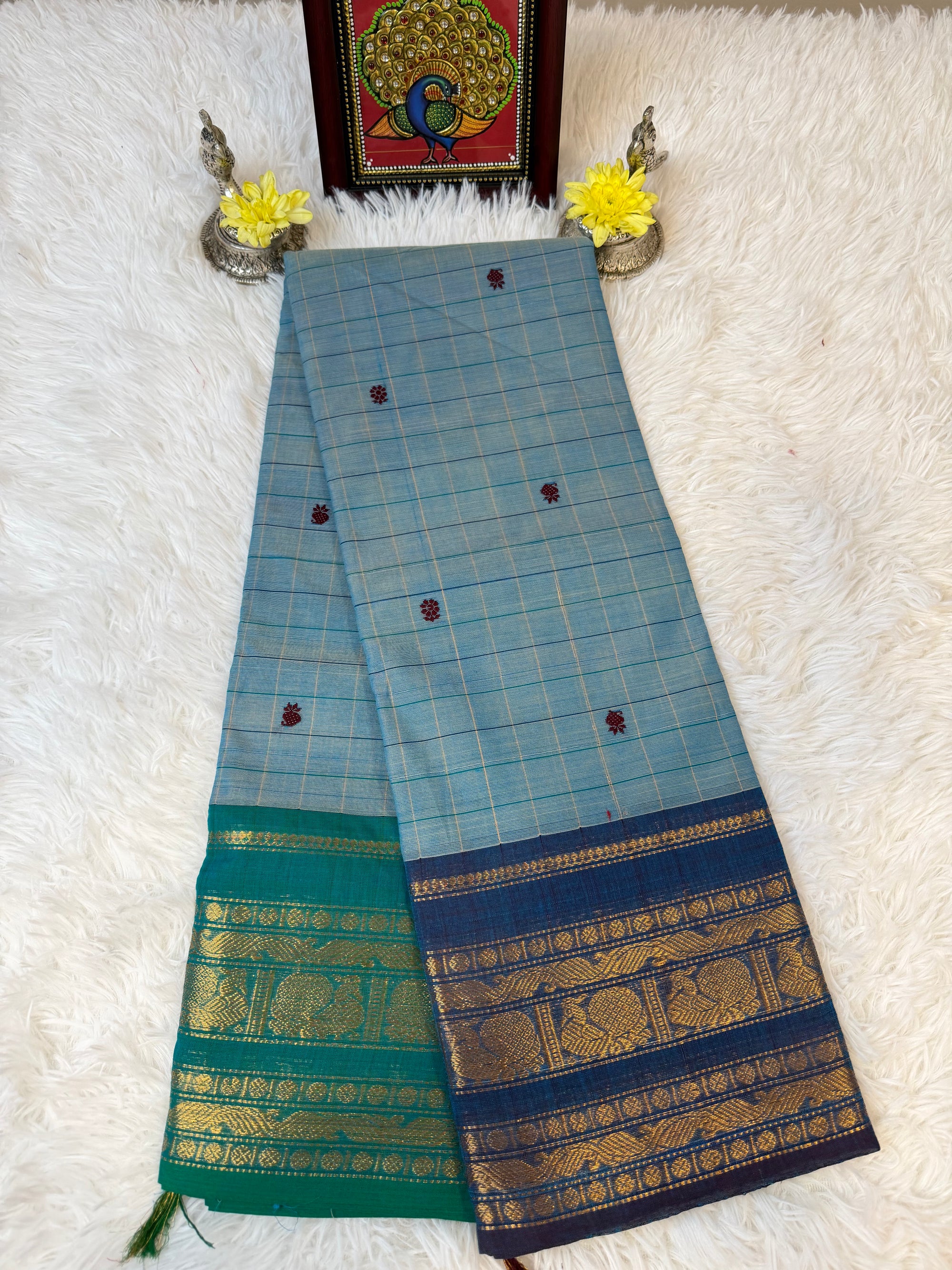 100 Counts Sky Blue Kanchi Cotton Saree w Full Body Checks
