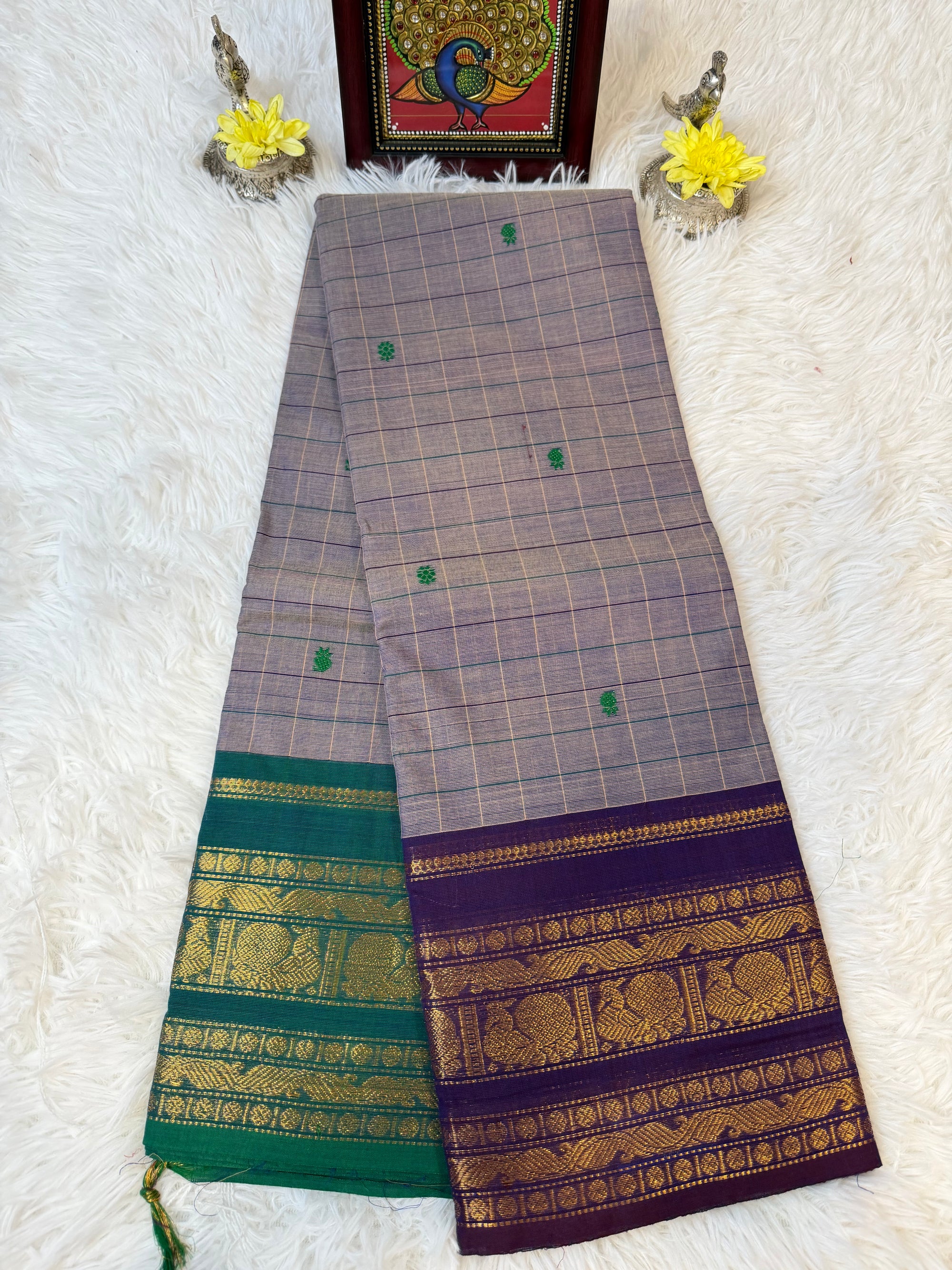 100 Counts Smoky Mauve Kanchi Cotton Saree w Full Body Checks