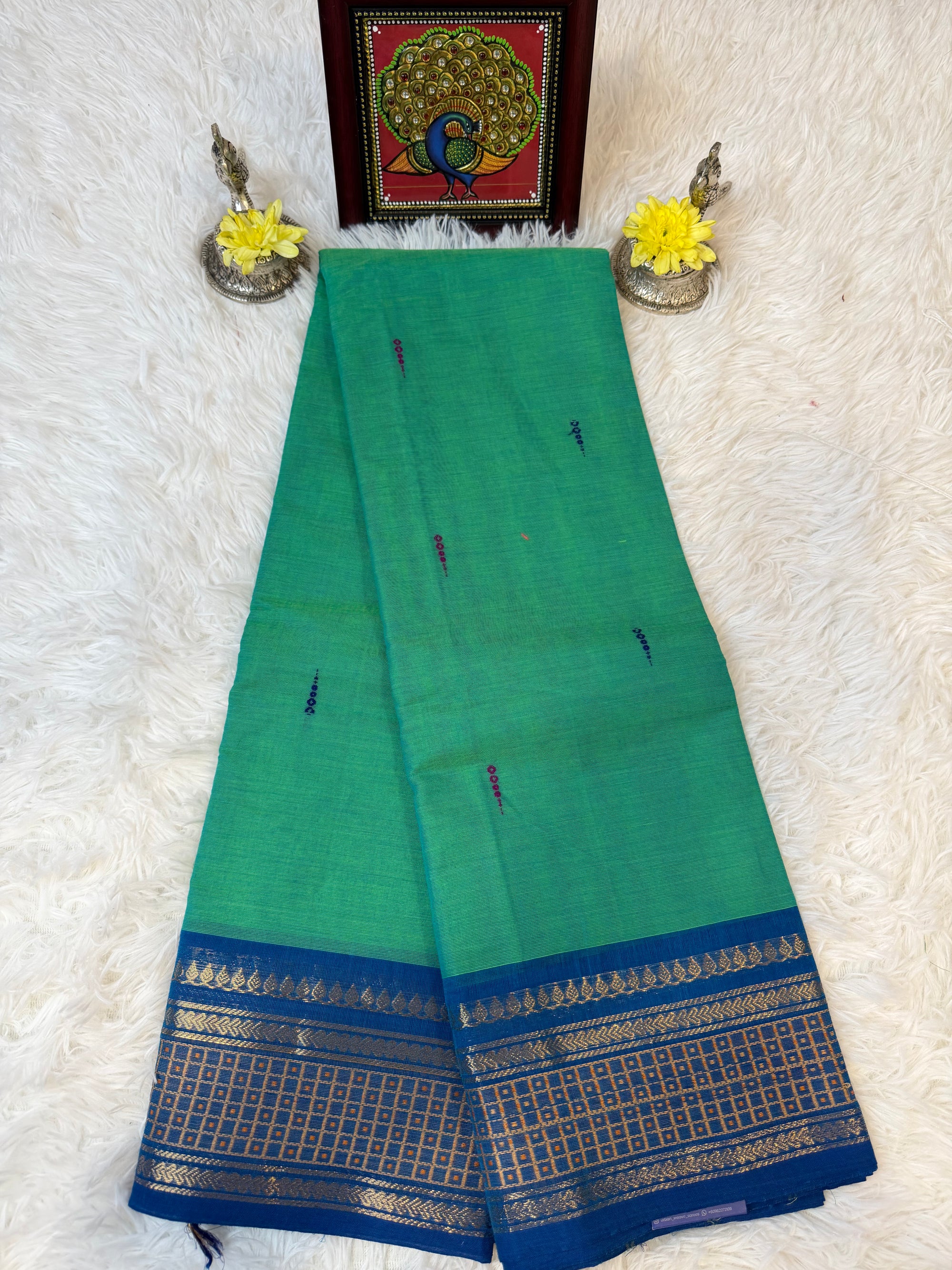 100 Count Parrot Green Kanchi Cotton Saree w Small Butta Design