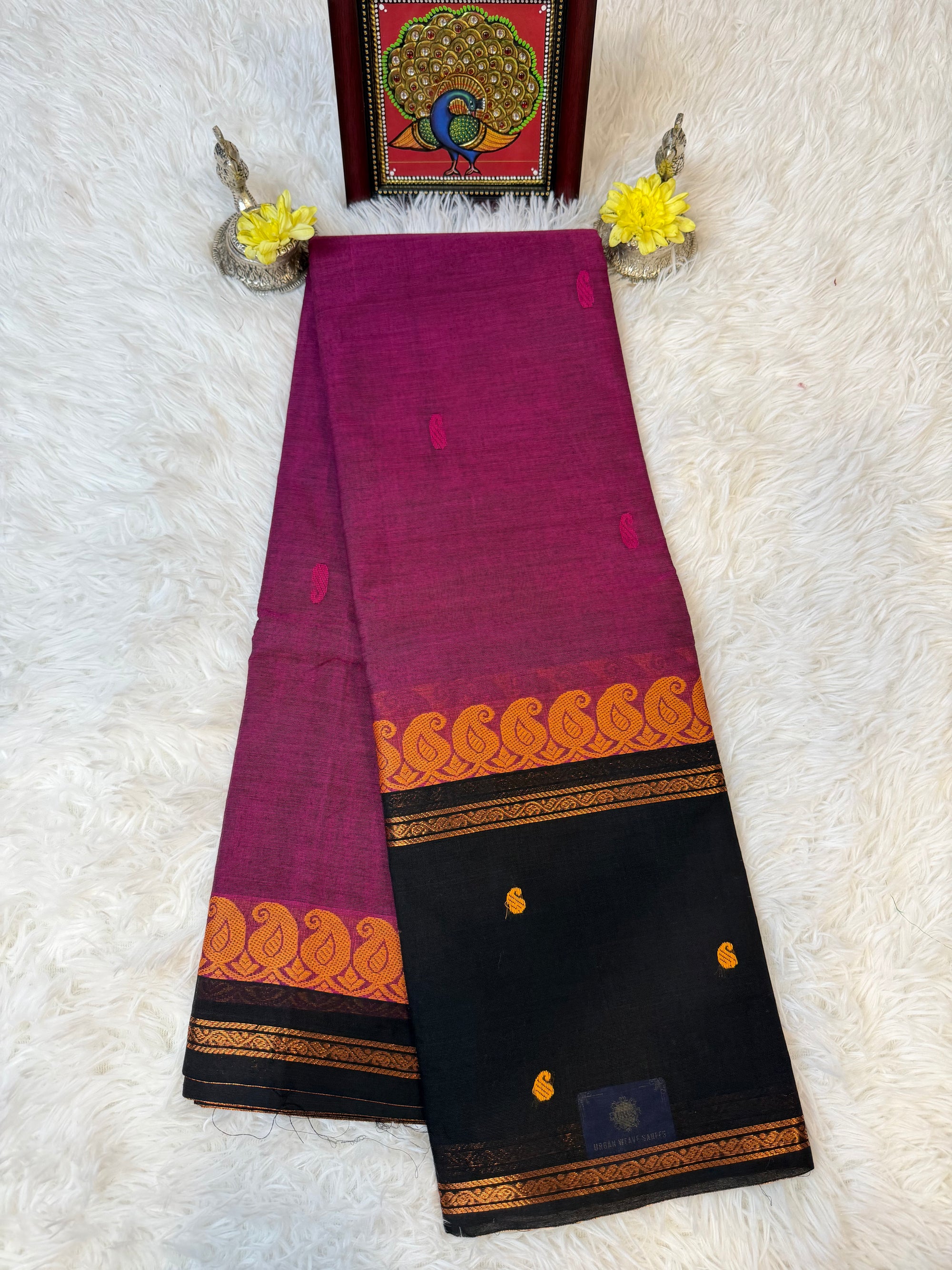 100 Count Dark Magenta Kanchi Cotton Saree w Small Butta Design